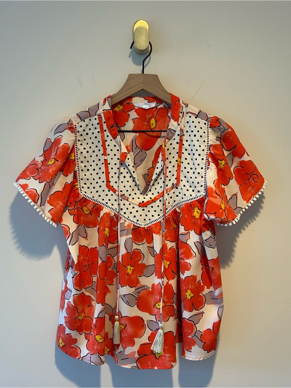 THML Women’s Orange Floral Tassel Peasant Blouse Top Boho Size XS